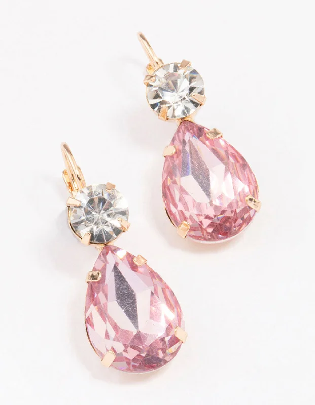 Geometric Earrings for Women-Gold Pink Pear Crystal Drop Earrings