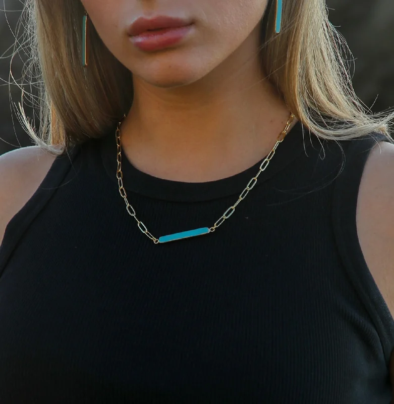 Simple Silver Necklace-Turquoise Bar Thick Chain Link Necklace