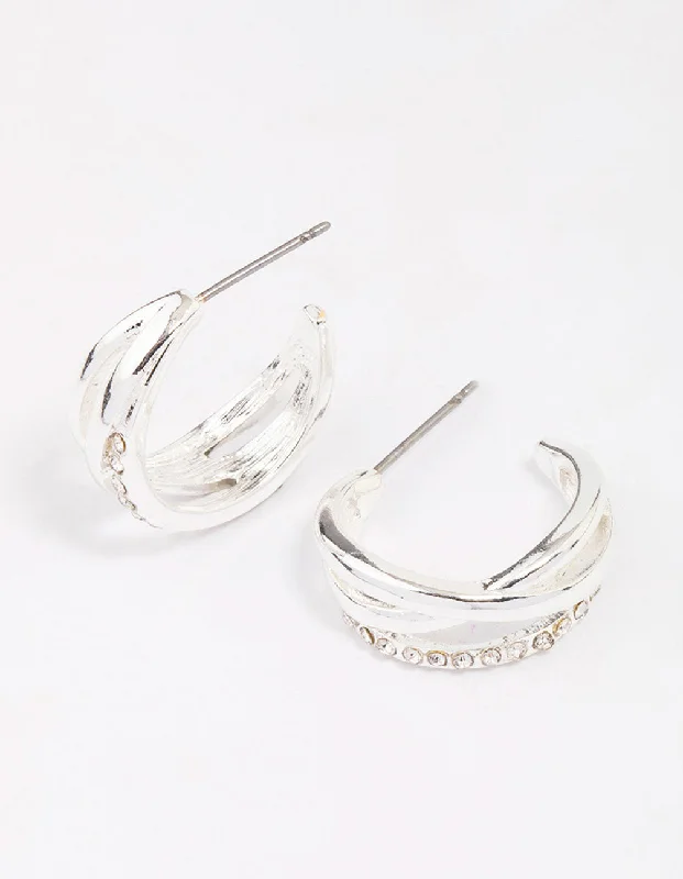 Fancy Gold Earrings-Silver Diamante Multi Twisted Hoop Earrings