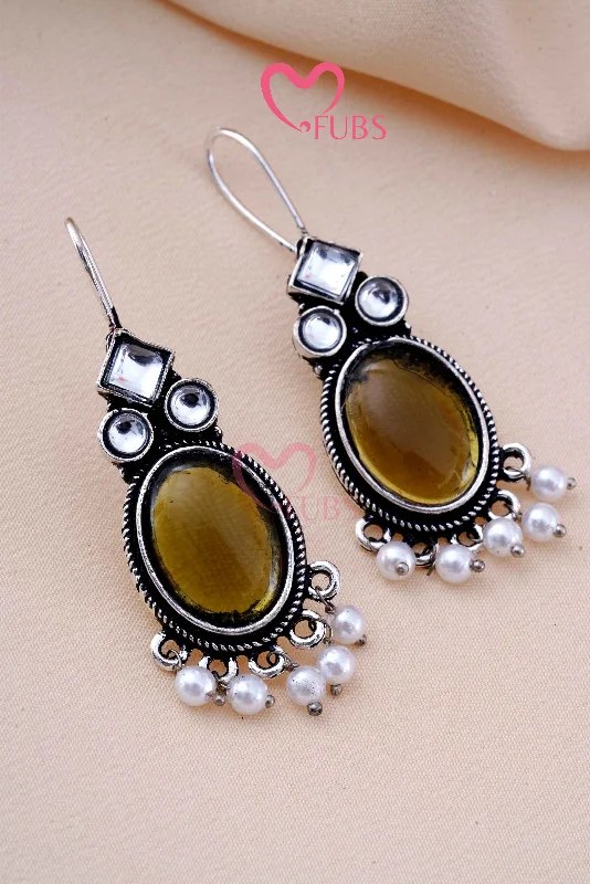 Silver Hoop Earrings-Oxidized Oval Kundan Stone Hanging Hook Earrings