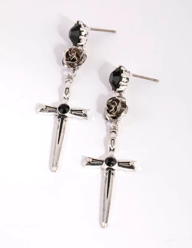 Gemstone Dangle Earrings-Antique Silver Rose & Sword Drop Earrings