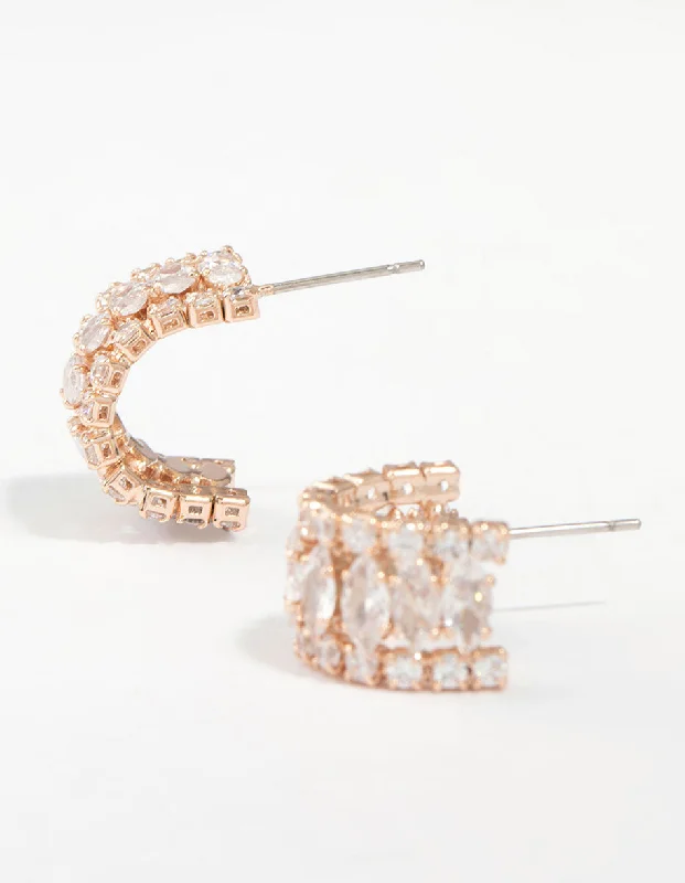 Layered Earrings for Women-Rose Gold Plated Cubic Zirconia Medium Hoop Earrings