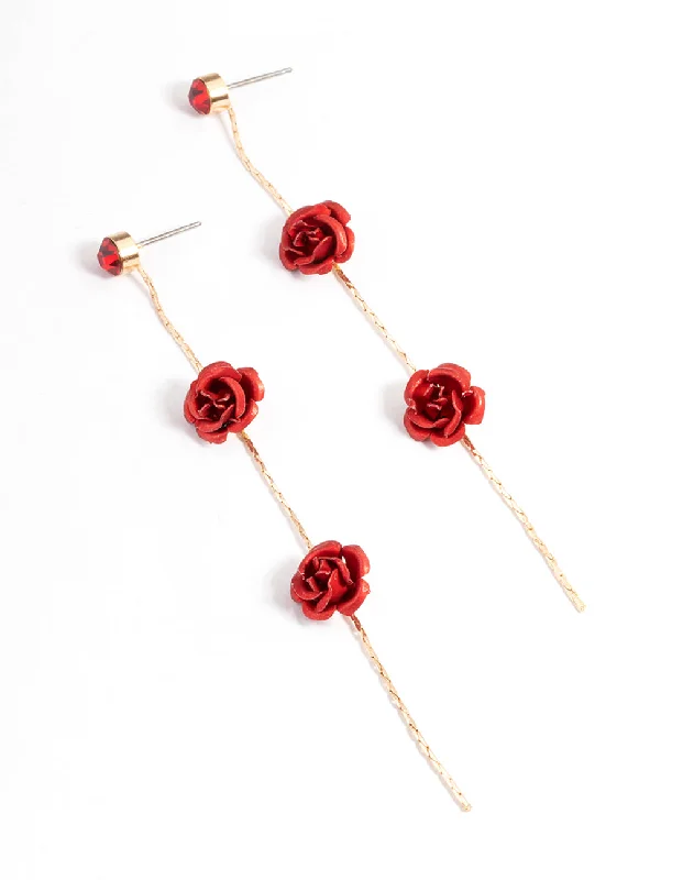 Pretty Gold Earrings-Red Diamante & Flower Chain Drop Earrings