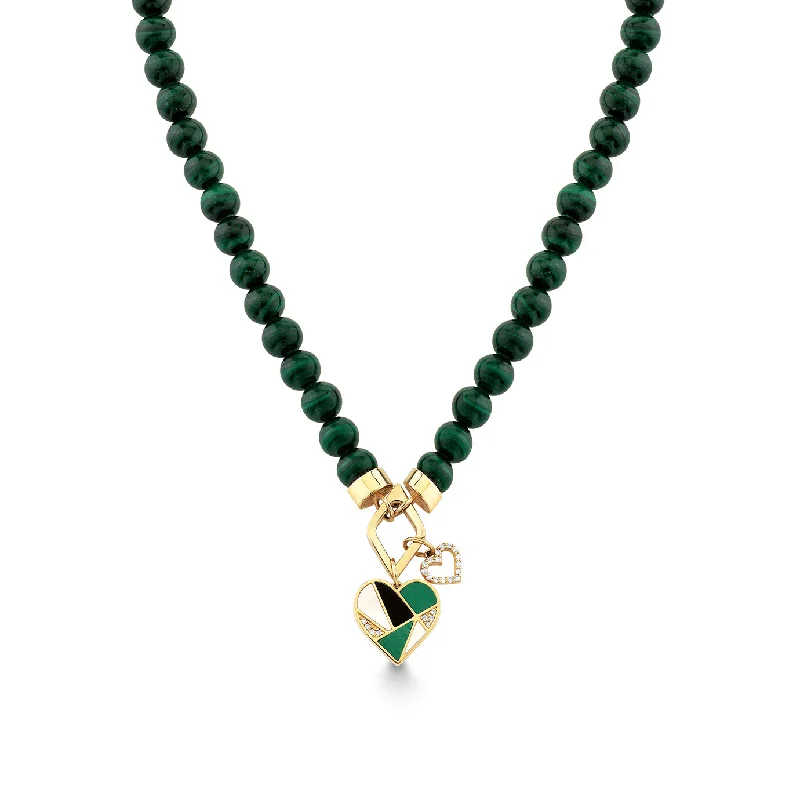 Silver Leaf Necklace-Gold & Diamond Mosaic Heart Malachite Necklace