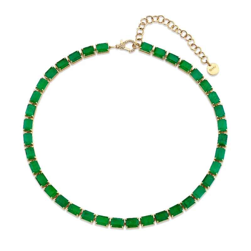 Gold Beaded Necklace-JUMBO EMERALD EAST WEST TENNIS NECKLACE