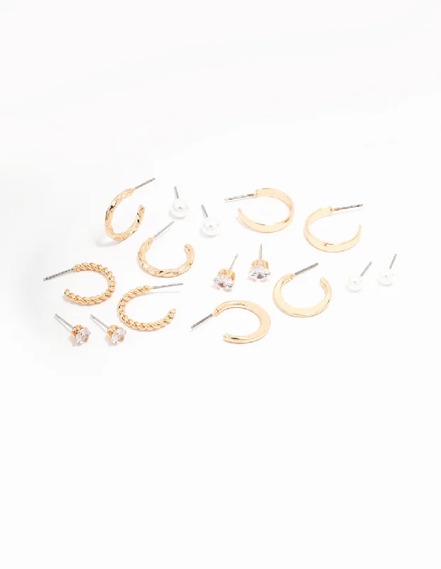 Black Earrings for Women-Gold Pearl Diamante Mixed Hoop & Stud Earring 8-Pack