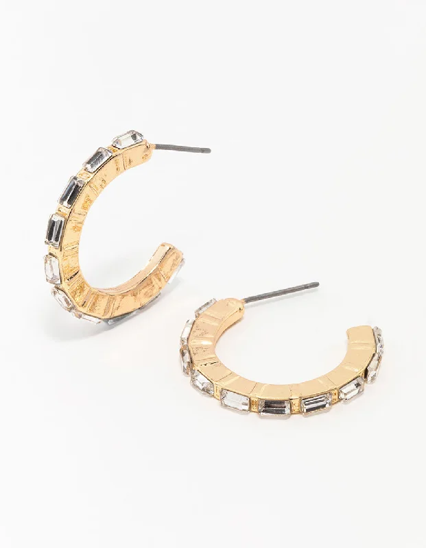 Custom Birthstone Earrings-Gold Diamante Encased Baguette Hoop Earrings