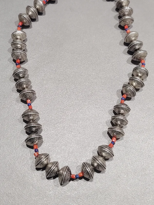 Tropical Necklace for Summer-Betty Yellowhorse Navajo Mercury Dime Coral Lapis Necklace - Handmade Native American