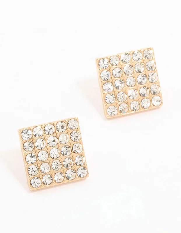 Handmade Hoop Earrings-Gold Square Pave Diamante Stud Earrings