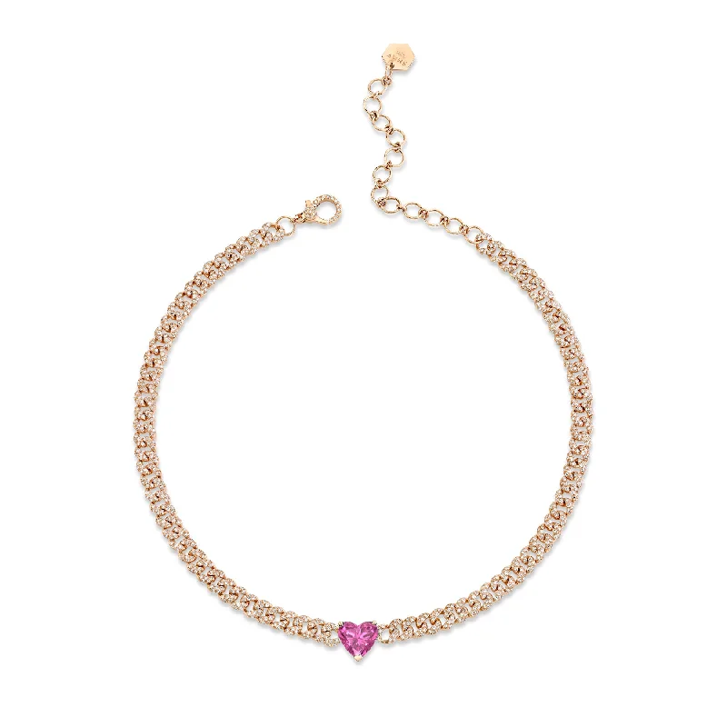 Gemstone Choker Necklace-READY TO SHIP PINK SAPPHIRE HEART MINI PAVE LINK NECKLACE