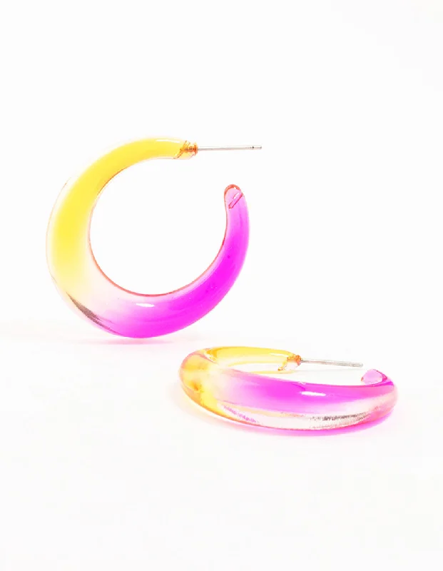 White Pearl Earrings-Yellow & Pink Acrylic Pointed Wide Hoop Earrings