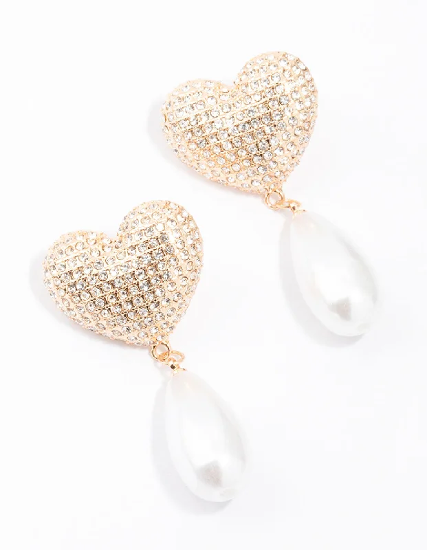 Butterfly Stud Earrings-Gold Diamante Pearl Heart Drop Earrings