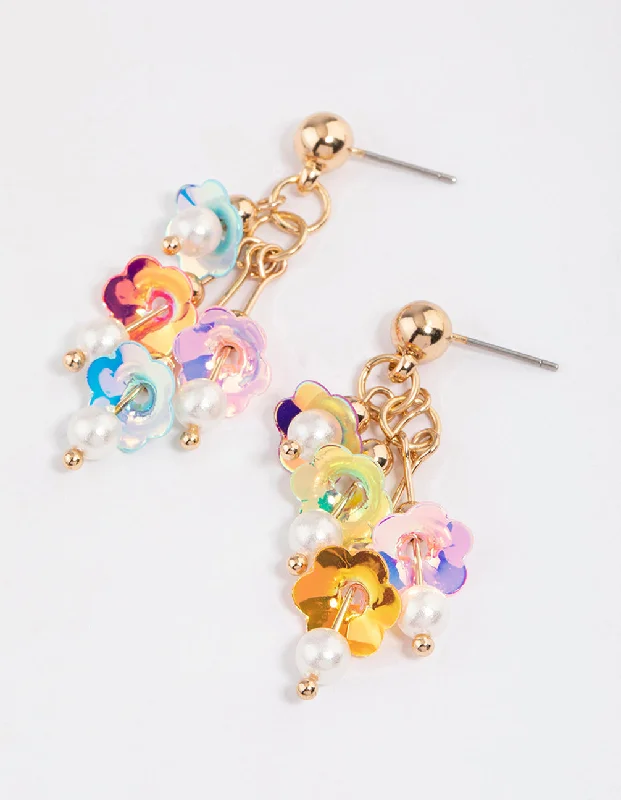 Unique Drop Earrings-Gold Chain Sequin Flower Drop Earrings