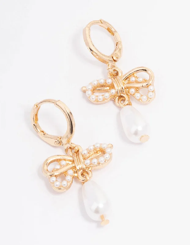 Shiny Hoop Earrings-Gold Pearl Bow Drop Huggie Earrings