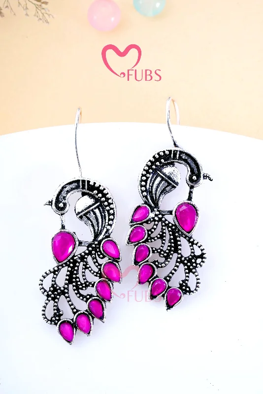 Turquoise Earrings for Women-Pink Mor Oxidized Hook Earrings