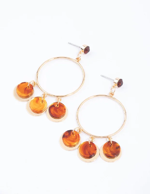 Trendy Hoop Earrings-Gold Circle Layered Disc Drop Earrings