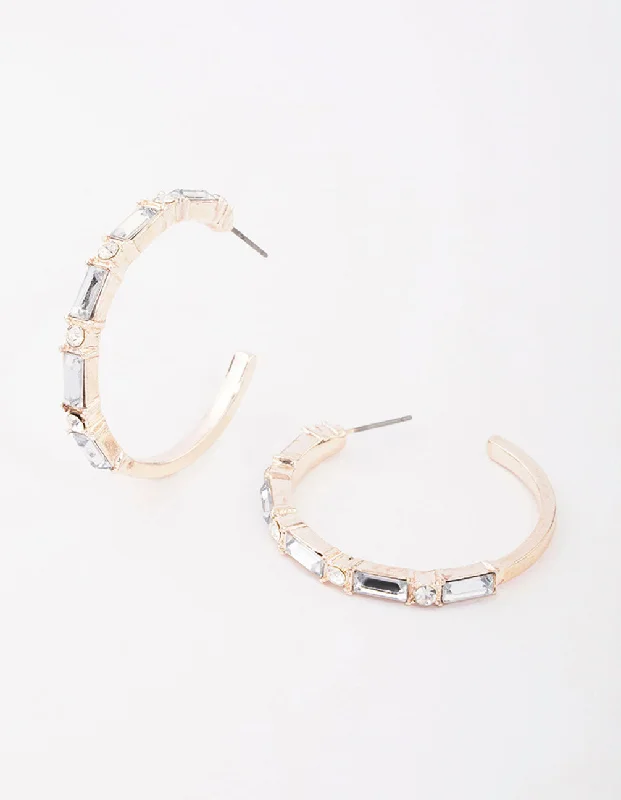 Silver Hoop Earrings-Rose Gold Baguette Medium Hoop Earrings