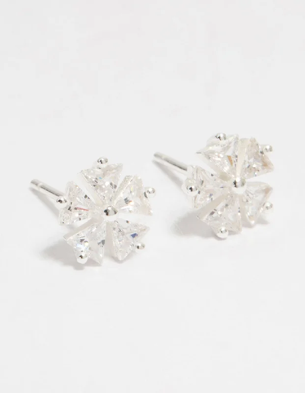 Retro Hoop Earrings-Sterling Silver Cubic Zirconia Petal Stud Earrings