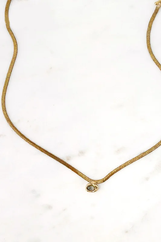 Gold Bead Pendant Necklace-Vintage Herringbone Stone Necklace Gold