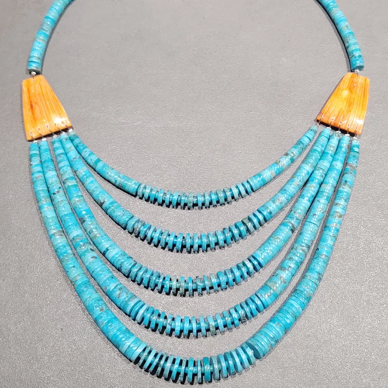 Dainty Beaded Necklace-Lupe Lovato Kewa  Kingman Turquoise Spiny Oyster Bib Necklace 5-Strand Necklace - Handmade Native American