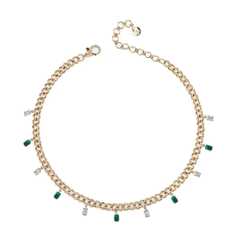 Bead Chain Necklace-DIAMOND & EMERALD BAGUETTE DROP LINK NECKLACE