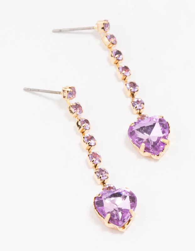 Retro Vintage Earrings-Gold Cupchain Lilac Heart Drop Earrings