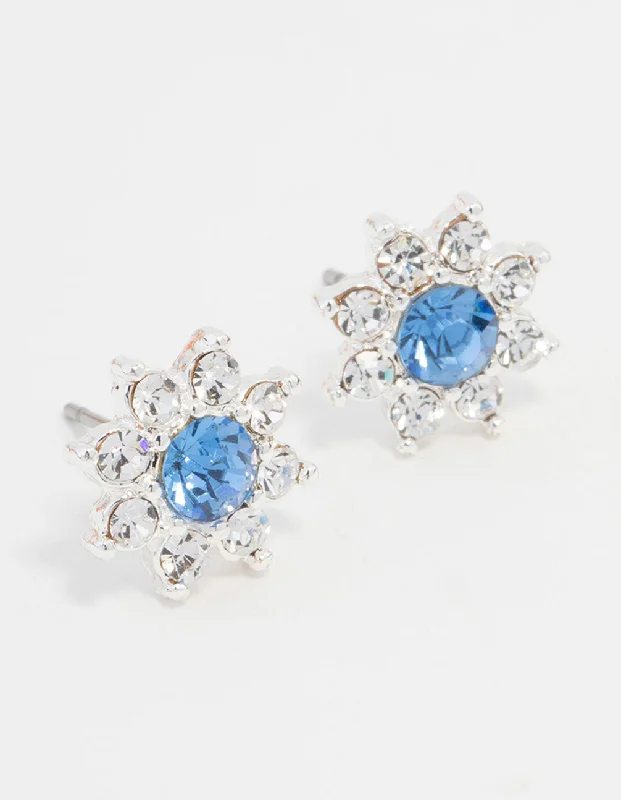 Large Diamond Earrings-Blue Bohemia Czech Crystal Flower Halo Gold Stud Earrings