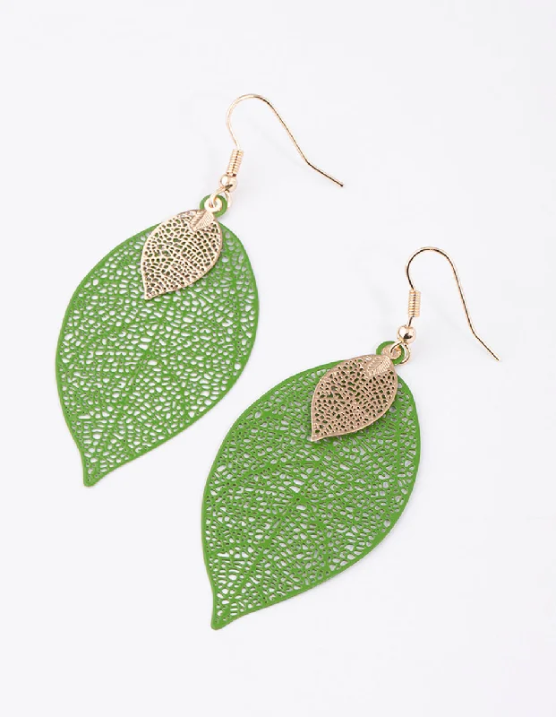 Boho Earrings for Summer-Green Mixed Filo Leaf Drop Earrings