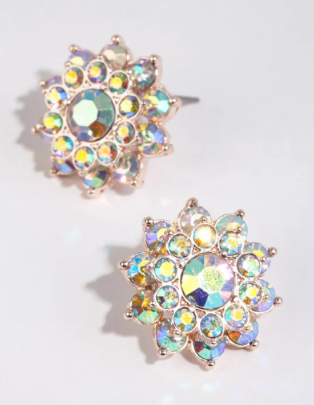 Crystal Drop Earrings-Gold Diamante Flower Stud Earrings