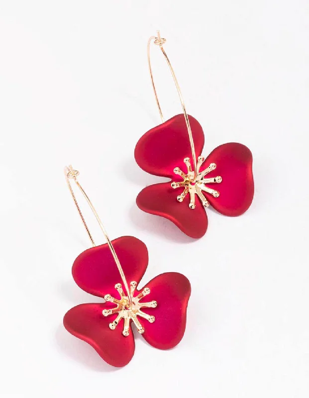 Yellow Gold Earrings-Gold & Red Flower Wire Hoop Earrings