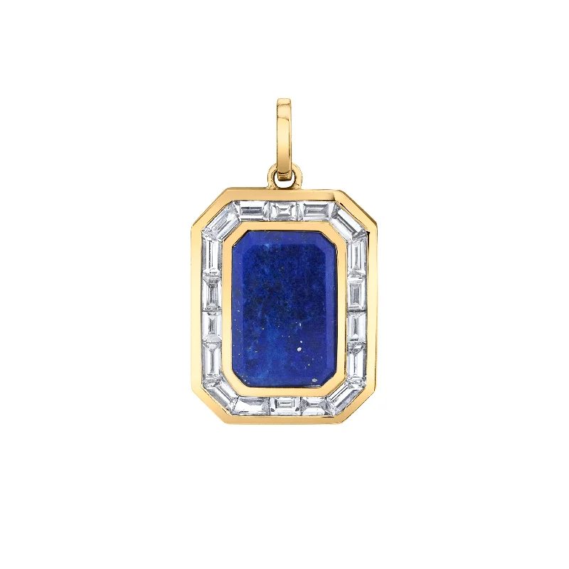 Custom Charm Pendant Necklace-LAPIS NAMEPLATE PENDANT W/ BAGUETTE DIAMOND BORDER