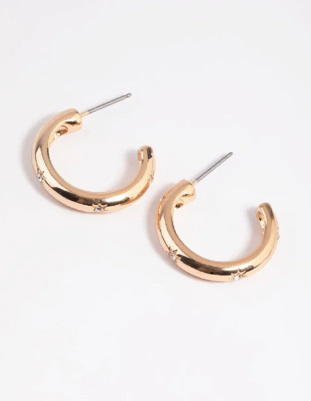 Handcrafted Earrings for Women-Gold Diamante Huggie Hoop Earrings