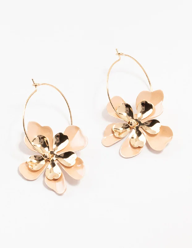 Cute Dangle Earrings-Gold Coated Metal Flower Hoop Earrings