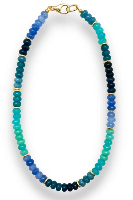 Bold Silver Necklace-Multi Blue Jade Beaded Necklace