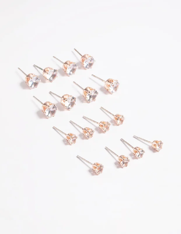 Chic Stud Earrings-Rose Gold Classic Diamante Studs 8-Pack