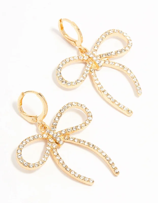 Long Diamond Earrings-Gold Diamante Bow Clicker Drop Earrings