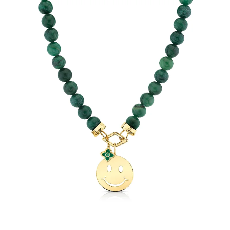 Colorful Gold Necklace-Pure Gold Happy Face Emerald Moroccan Flower Verdite Necklace