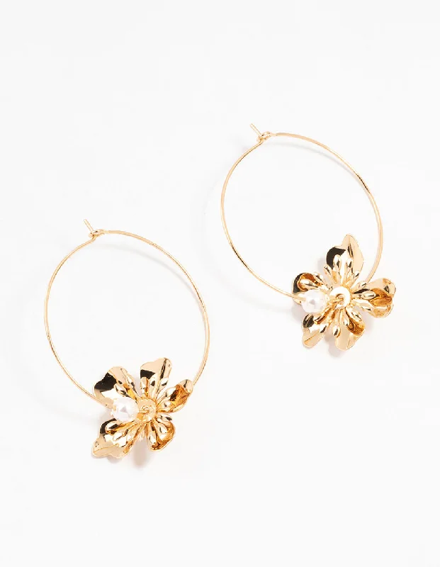 Gold Clip-On Earrings-Gold & Pearl Spike Flower Hoop Earrings