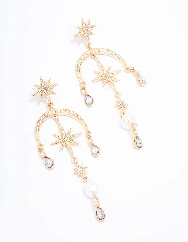 Luxury Gemstone Earrings-Gold Celestial Pearl Drop Earrings