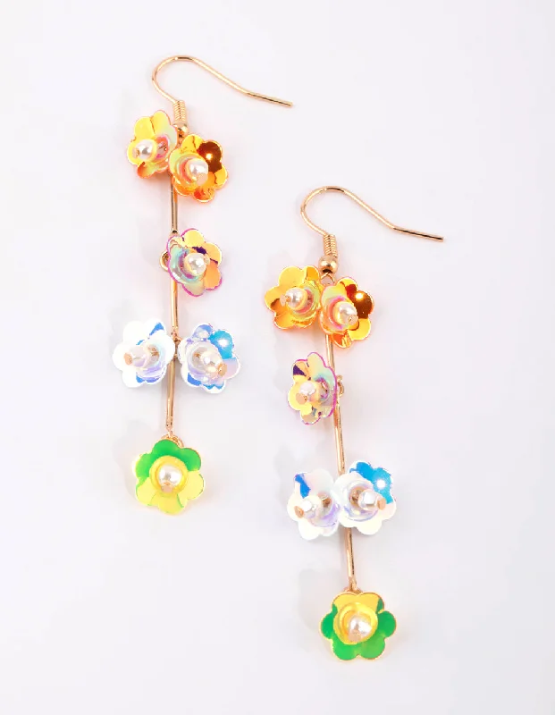 Gold Dangle Earrings-Gold Metallic Flower Drop Earrings