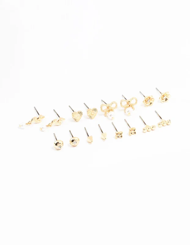 Colorful Crystal Earrings-Gold Bow & Pearl Stud Earrings 8-Pack