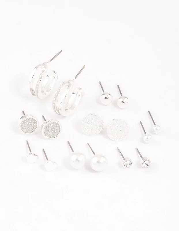 Classic Round Earrings-Silver Glitter Paper Mixed Earrings 8-Pack