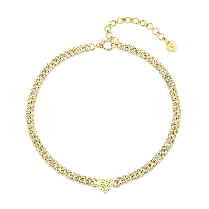 Beaded Choker Necklace-READY TO SHIP YELLOW DIAMOND HEART PAVE MINI LINK NECKLACE