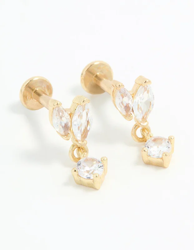 Clear Crystal Earrings-Gold Plated Surgical Steel Cubic Zirconia Flat Back Studs 2-Pack