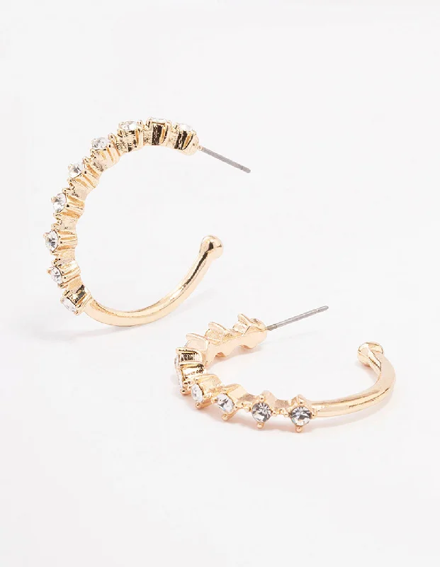 Gold Hoop Earrings for Women-Gold Encased Round Diamante Hoop Earrings