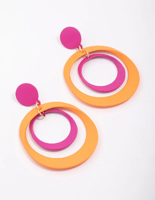 Everyday Hoop Earrings-Pink & Orange Double Ring Drop Earrings