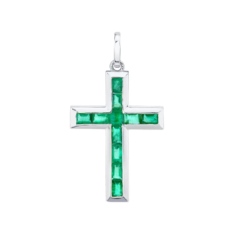 Elegant Silver Necklace-EMERALD BAGUETTE CROSS PENDANT