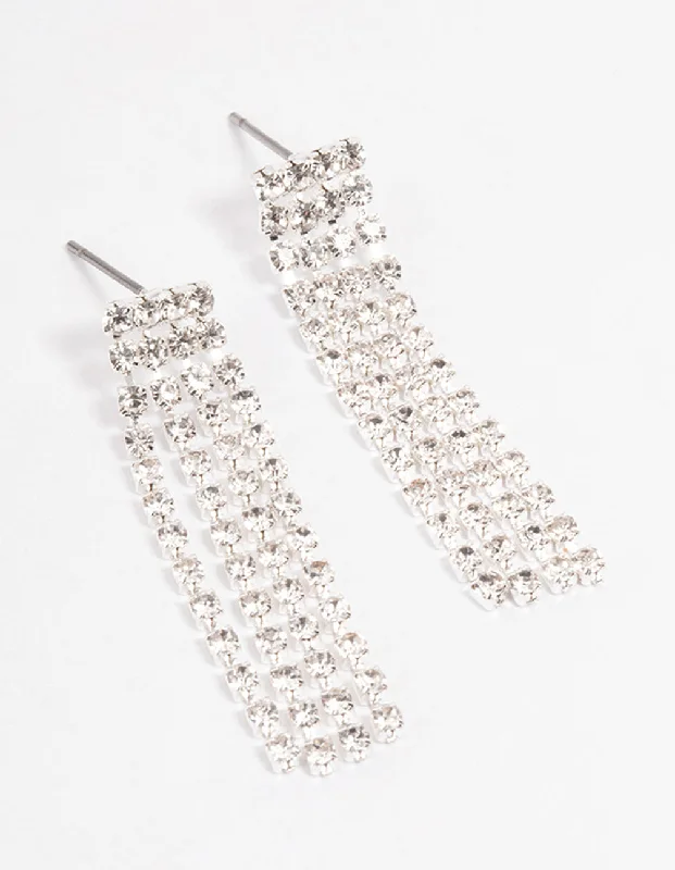 Bridal Pearl Earrings-Silver Four Diamante Cupchain Drop Earrings