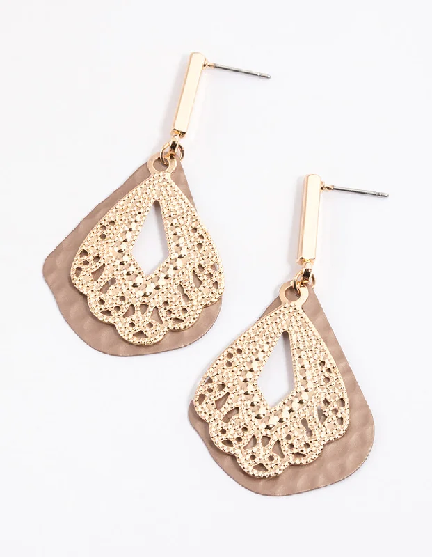 Opal Drop Earrings-Brown Triangular Ornate Drop Earrings