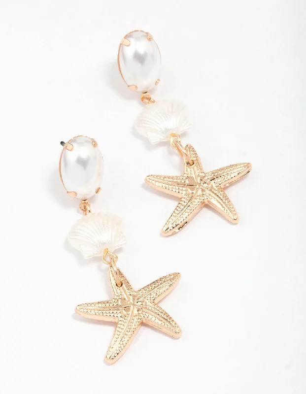 Colorful Gemstone Hoop Earrings-Gold Pearl Starfish Drop Earrings